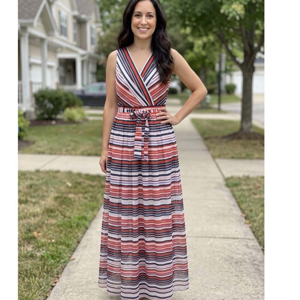 Classic Chic Tommy Hilfiger Striped Periwinkle Belted Long Dress - Size 8